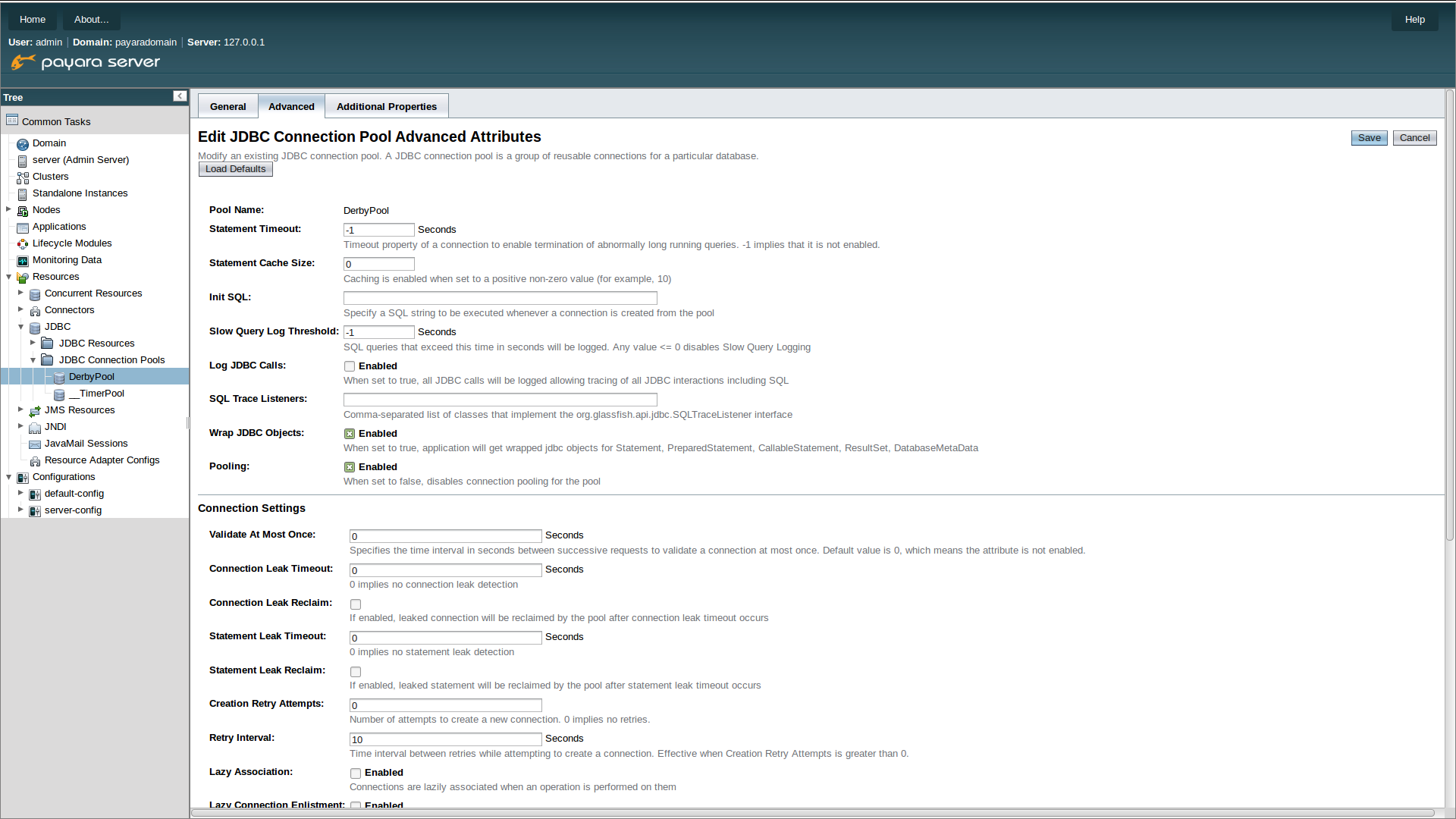 Slow SQL Logging settings in the administration console