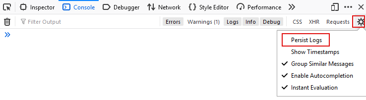 Image montrant les étapes pour activer « Persist Logs » en Firefox - Outils de développement Web - Console