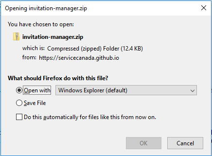 A screenshot of a browser popup prompting the user to open or save the 'invitation-manager.zip file'