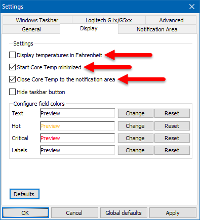 CoreTemp Settings Display