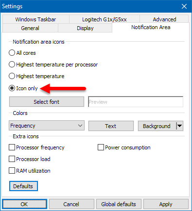 CoreTemp Settings Notification Area