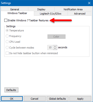 CoreTemp Settings Wndows Taskbar