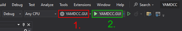 Cropped screenshot of Visual Studio, showing which buttons to press to build and run YAMDCC