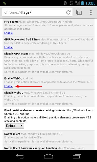 Enabling WebGL in Chrome