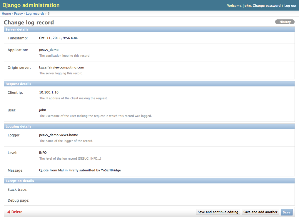 LogRecord change page in Django admin