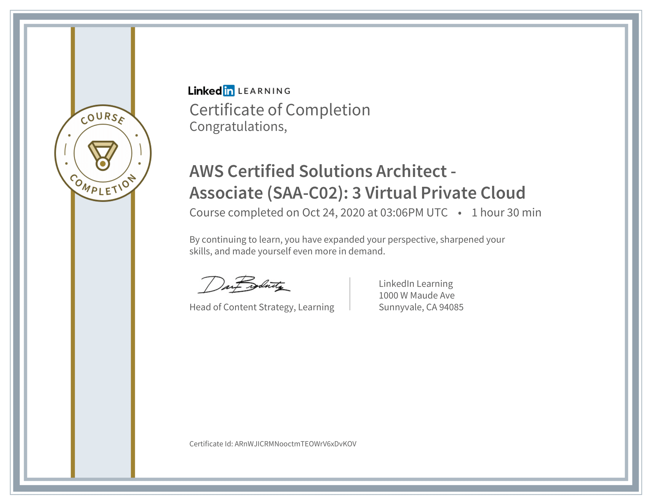 CertificateOfCompletion_AWS Certified Solutions Architect  Associate SAAC02 3 Virtual Private Cloud-1.png