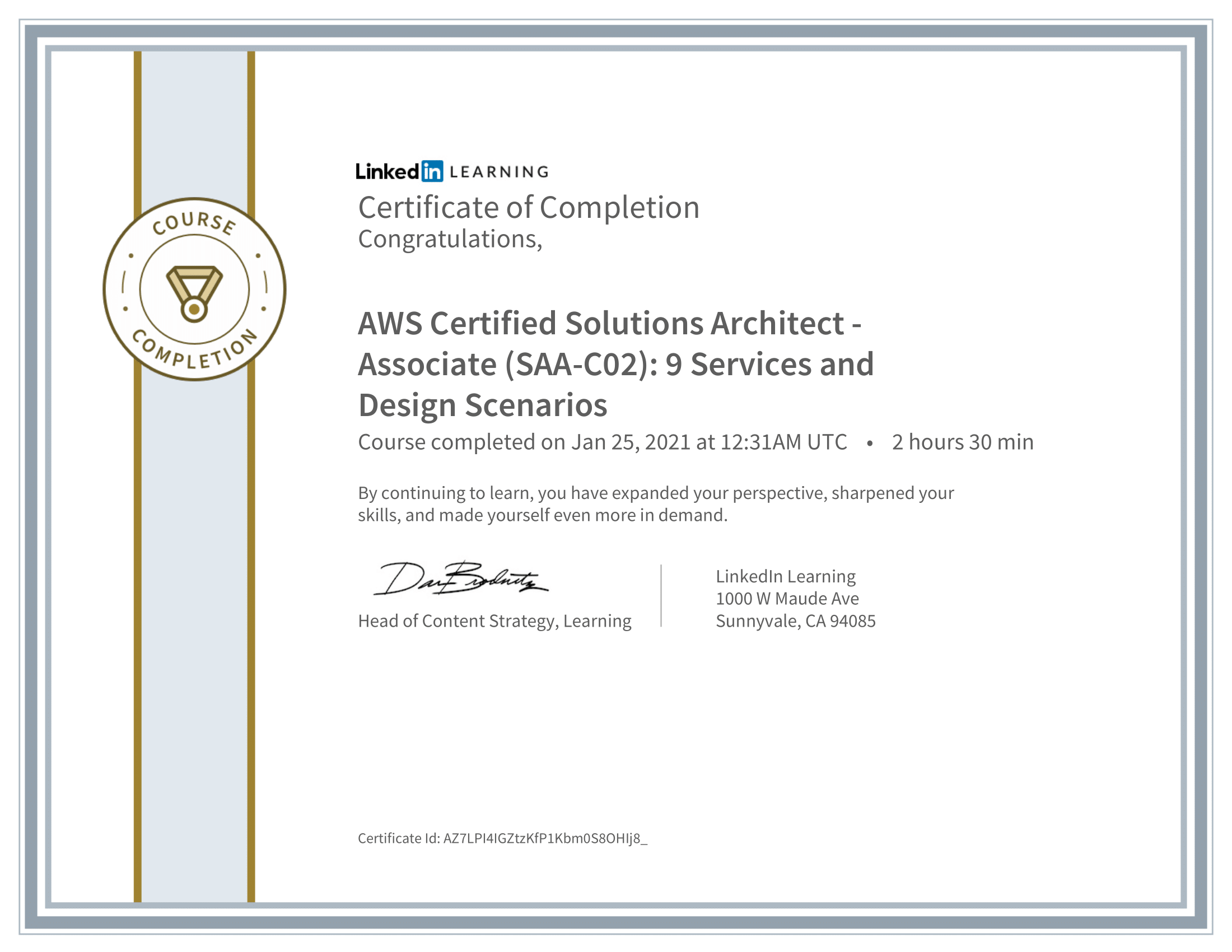 CertificateOfCompletion_AWS Certified Solutions Architect  Associate SAAC02 9 Services and Design Scenarios-1.png