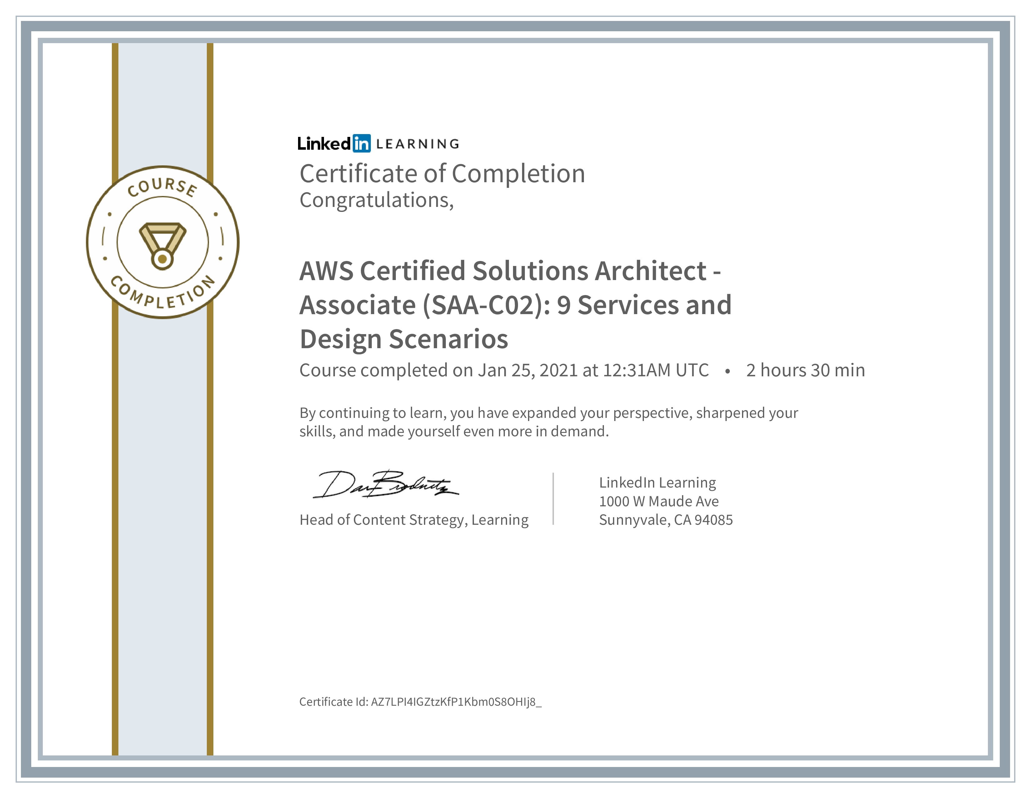 CertificateOfCompletion_AWS Certified Solutions Architect Associate SAAC02 9 Services and Design Scenarios.png