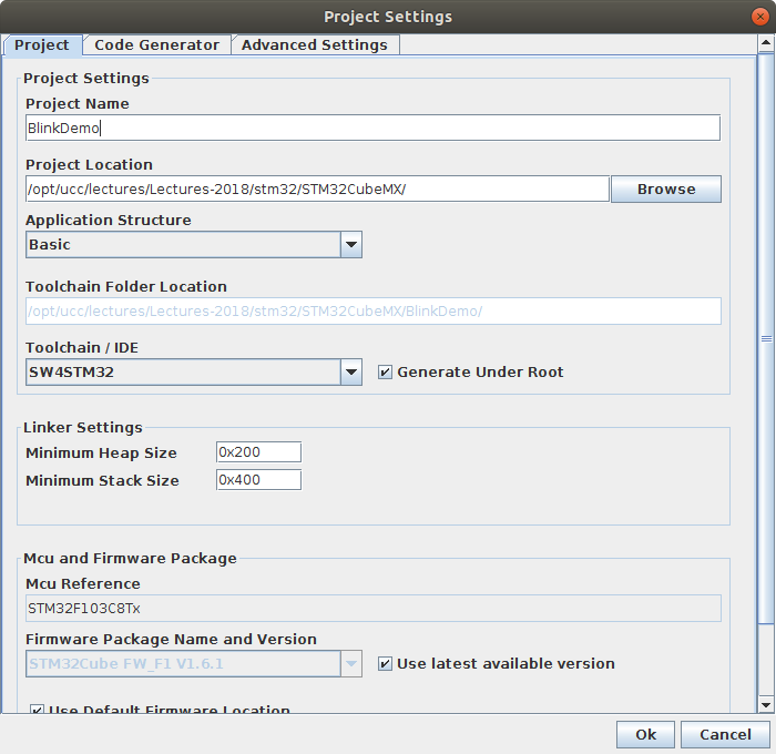 stm32CubeMXblinkDemoSettings